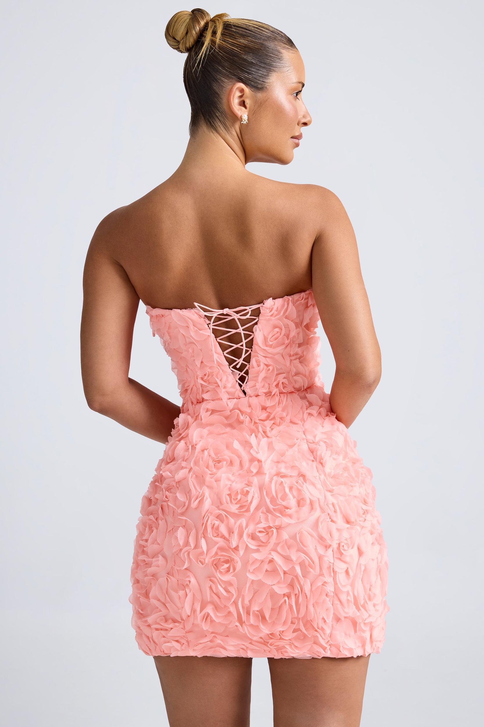 Floral-Appliqué Bandeau A-Line Mini Dress in Coral Product Image