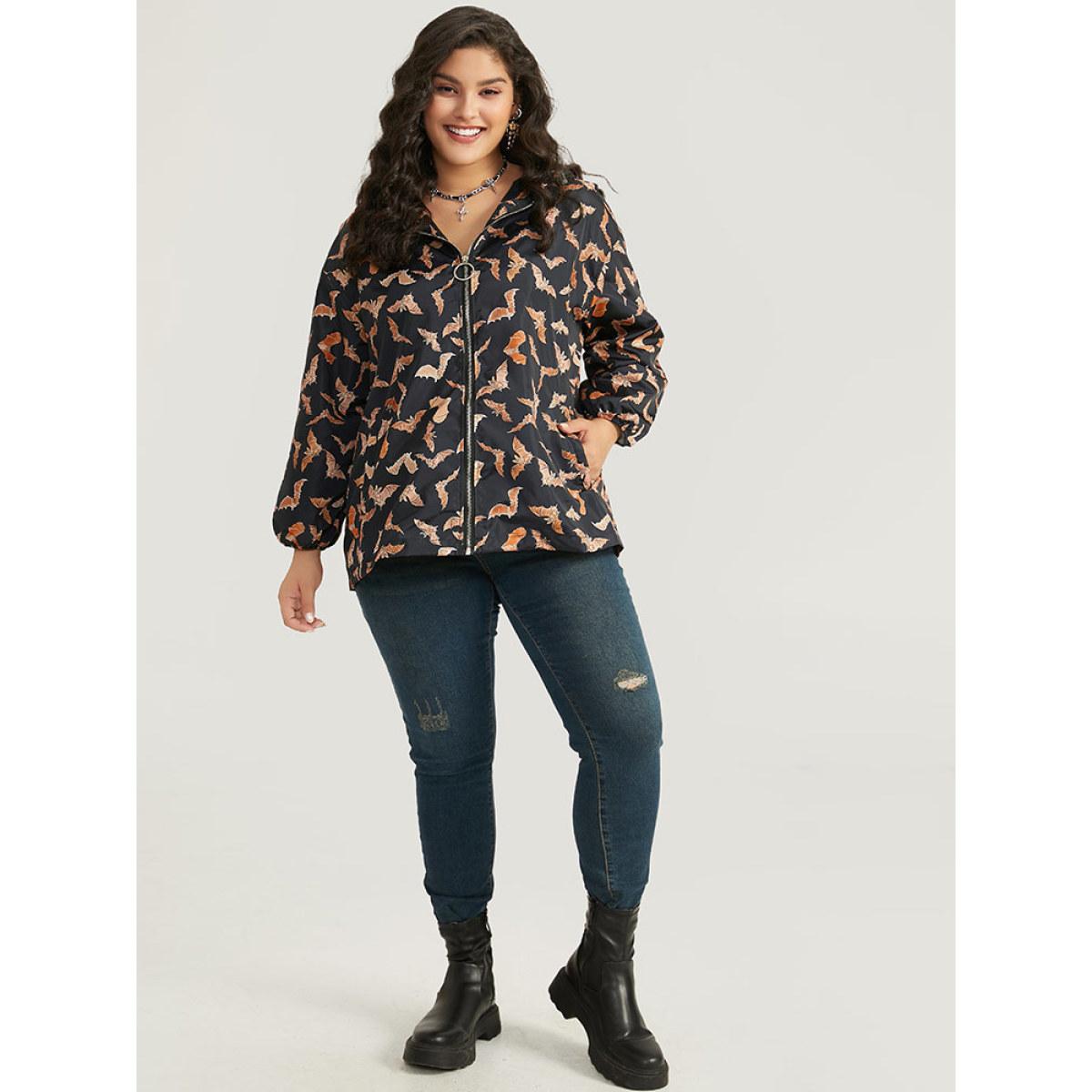 Plus Size Halloween Bat Pattern Zipper Fly Hooded Coat Women Black Elastic cuffs Pocket Dailywear Jackets BloomChic 26/4X Product Image