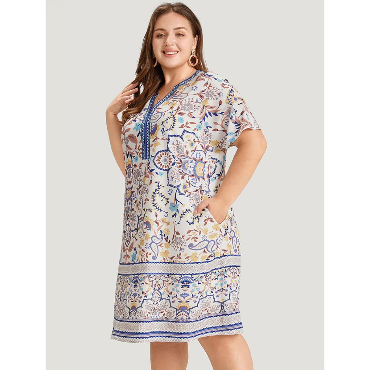 Plus Size Boho Print Pocket Notched Ruffle Hem Dolman Sleeve Dress LightBlue Women Vacation Notched collar Short sleeve Curvy Knee Dress BloomChic 28/5X Product Image
