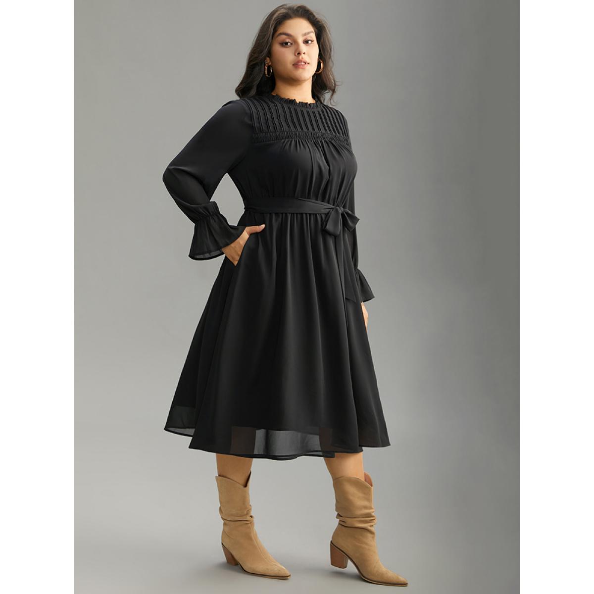 Plus Size Plain Pleated Stand Collar Shirred Ruffles Dress Black Women Office Plain Stand-up collar Long Sleeve Curvy Midi Dress BloomChic 12/L Product Image