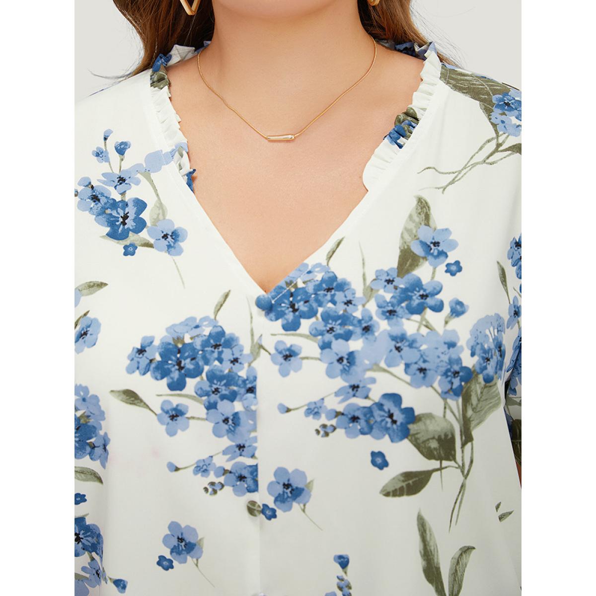 Plus Size White Floral Frill Trim Petal Sleeve Blouse Women Elegant Short sleeve V-neck Dailywear Blouses BloomChic 18-20/2X Product Image