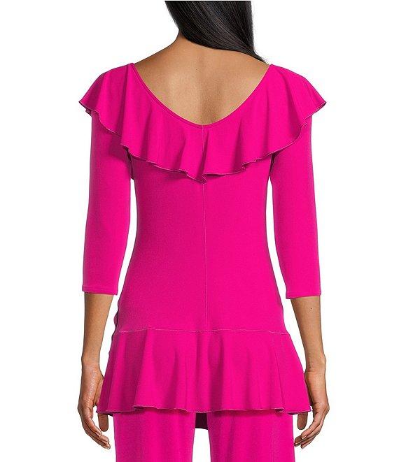 Eva Varro Knit Jersey V-Neck 3/4 Sleeve Asymmetric Ruffled Tunic Product Image