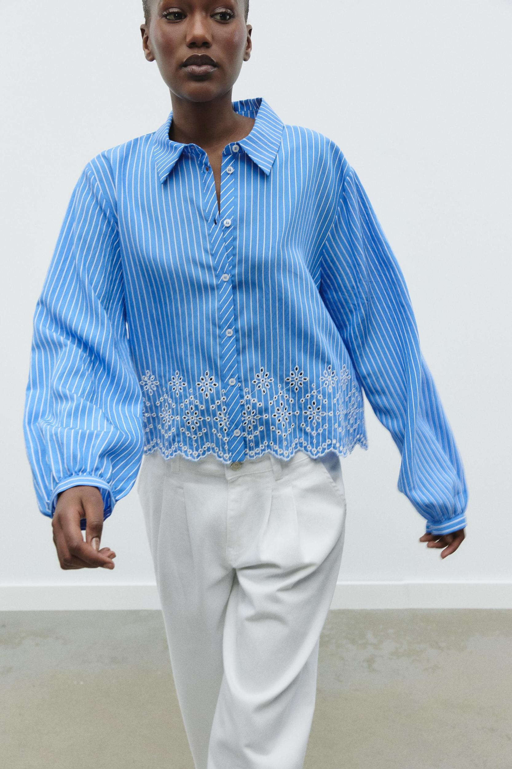 STRIPED EMBROIDERED EYELET SHIRT Product Image