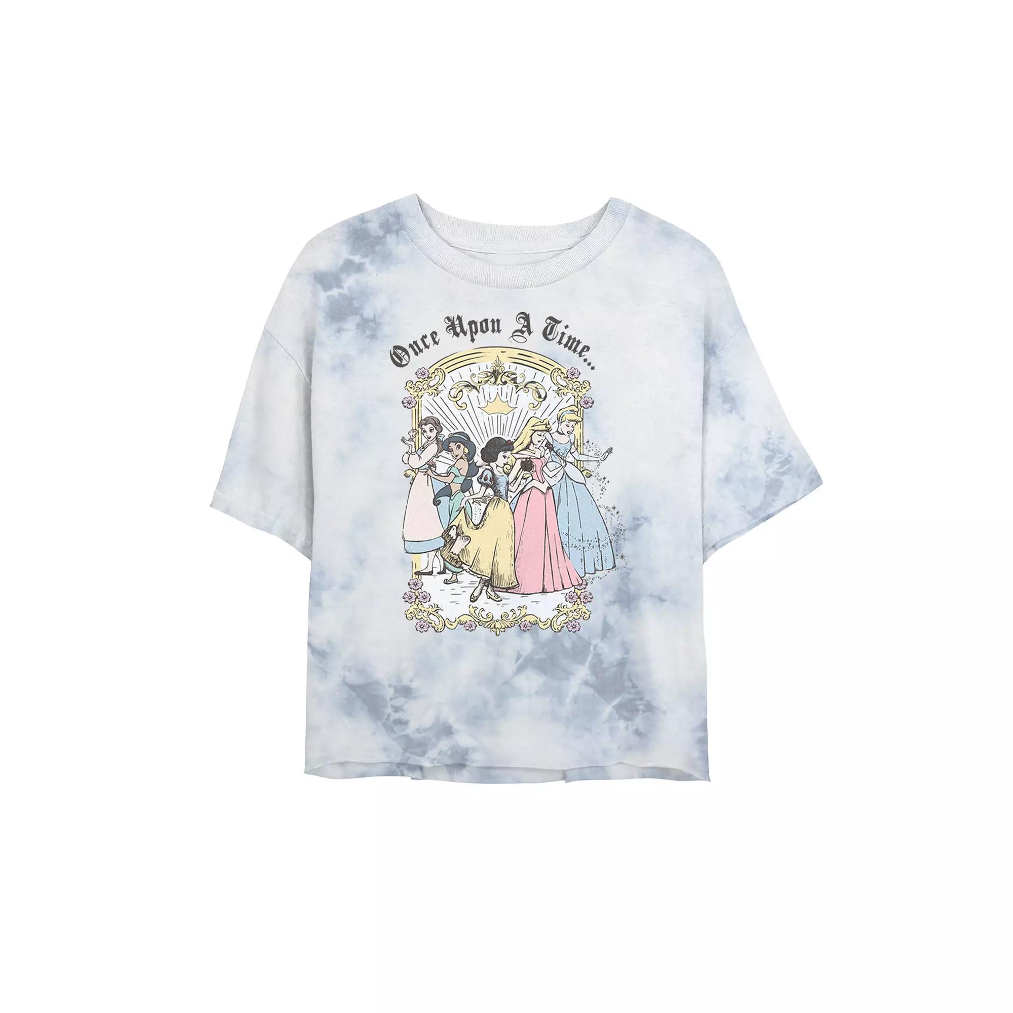 Disney Princesses Juniors' Once Upon A Time Vintage Cartoon Bombard Wash Crop Graphic Tee, Women's, Size: Large, White Blue Product Image