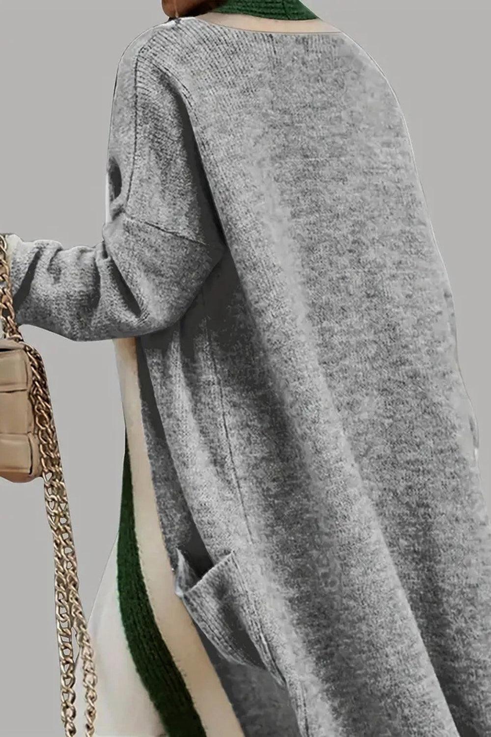 Pocketed Contrast Long Sleeve Hooded Cardigan Product Image