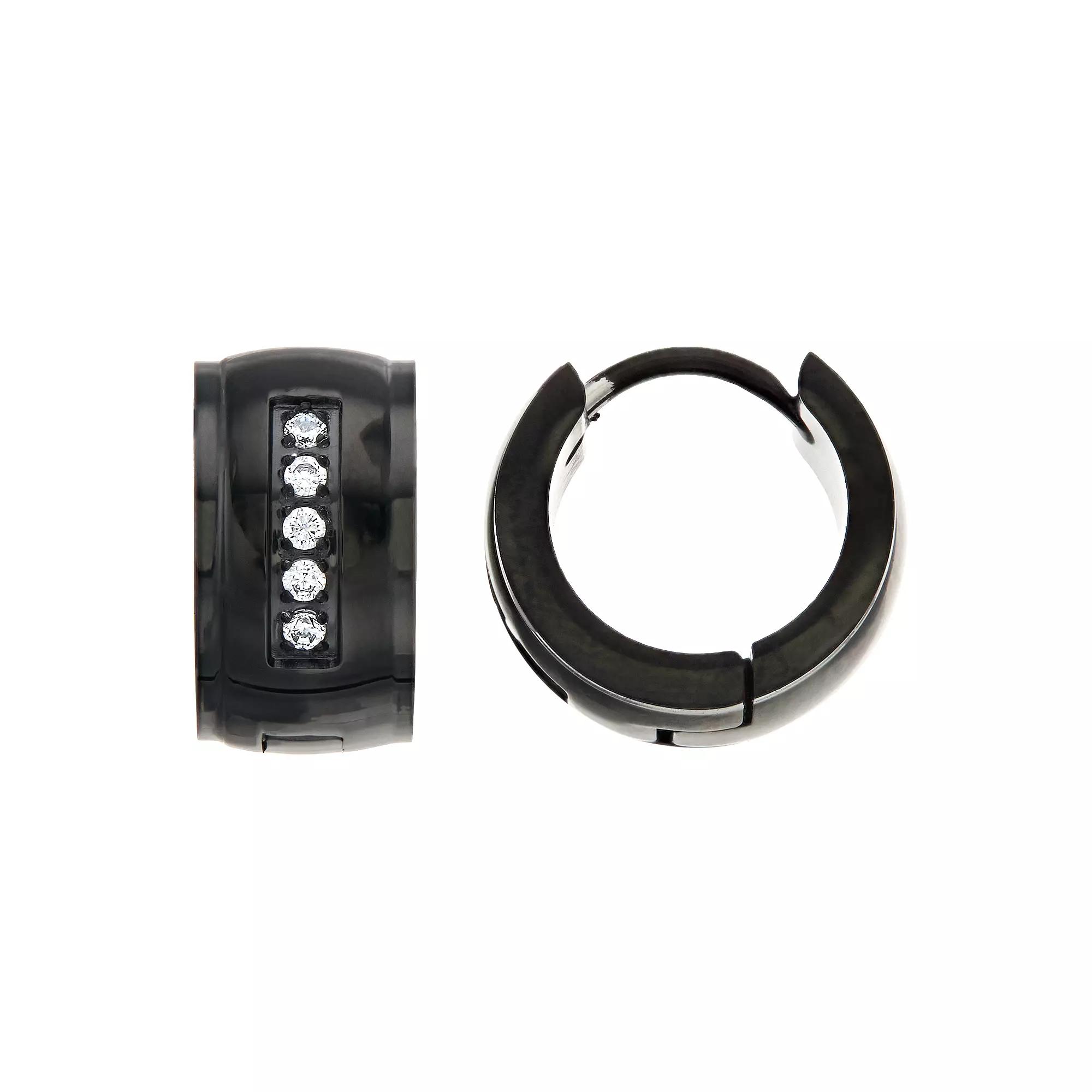 Diamond Brilliance Men's Black Stainless Steel 1/10 Carat T.W. Black Lab-Created Diamond Hoop Earrings Product Image