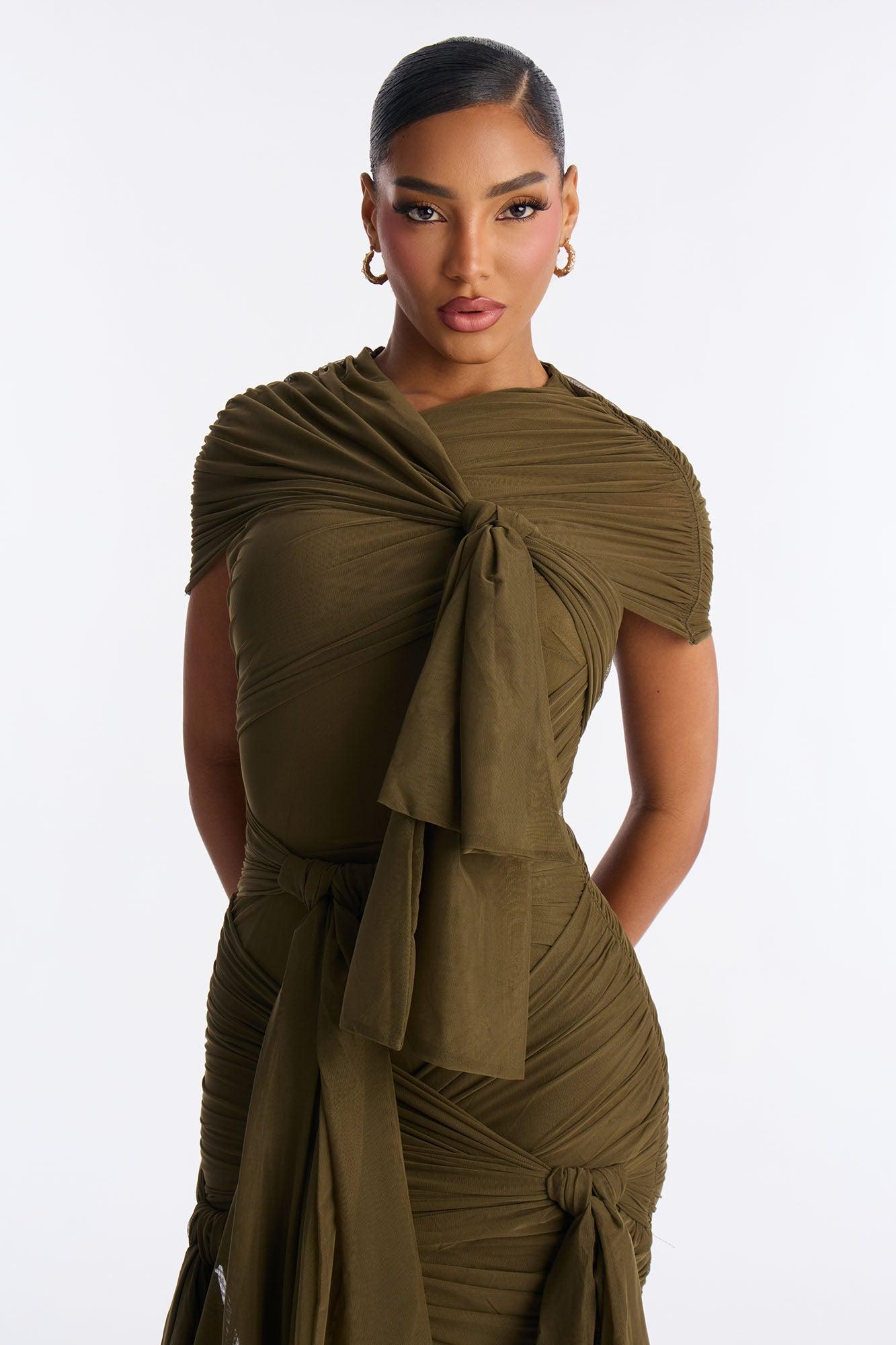 Darcy Draped Mesh Midi Dress - Olive Female Product Image