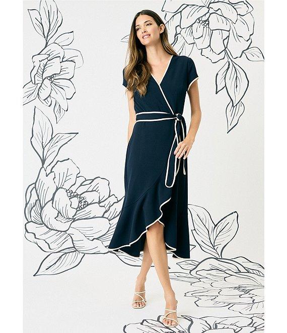 Maggy London Scuba Crepe Contrast Trim V-Neck Short Sleeve Tie Front Wrap Midi Dress Product Image