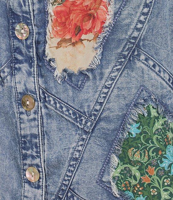 John Mark Floral Butterfly Embroidered Patch Print Y-Neck 3/4 Sleeves High-Low Hem Button Front Tunic Product Image