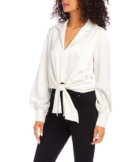 Karen Kane Satin Collared Long Sleeve Tie Front Top Product Image