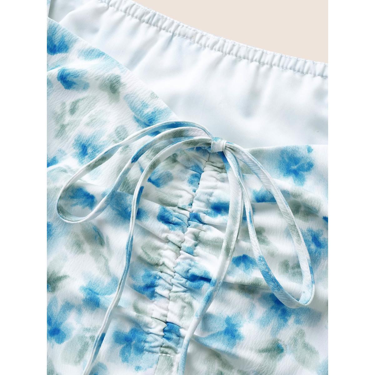 Plus Size Watercolor Floral Drawstring Ruffle Sleeve Midi Dress Skyblue Women Elegant Drawstring Square Neck Short sleeve Curvy BloomChic 26/4X Product Image