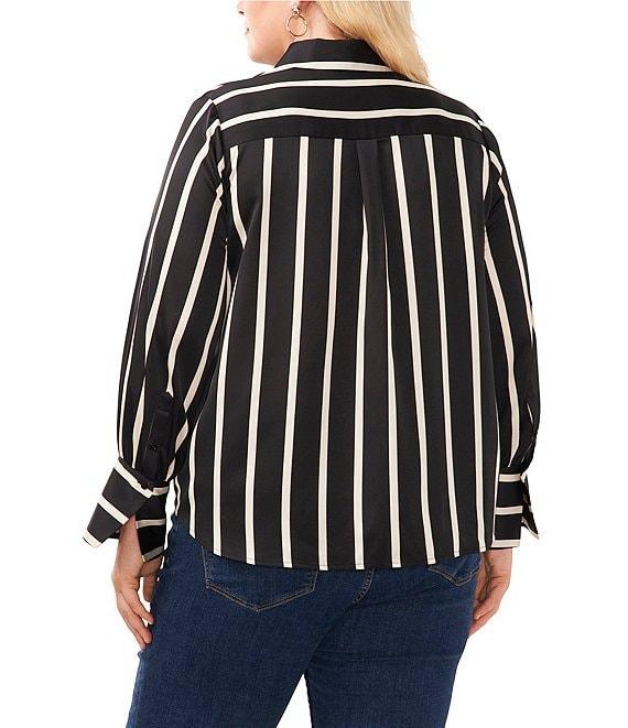 Vince Camuto Plus Size Charmeuse Striped Point Collar Long Sleeve Button Down Shirt Product Image