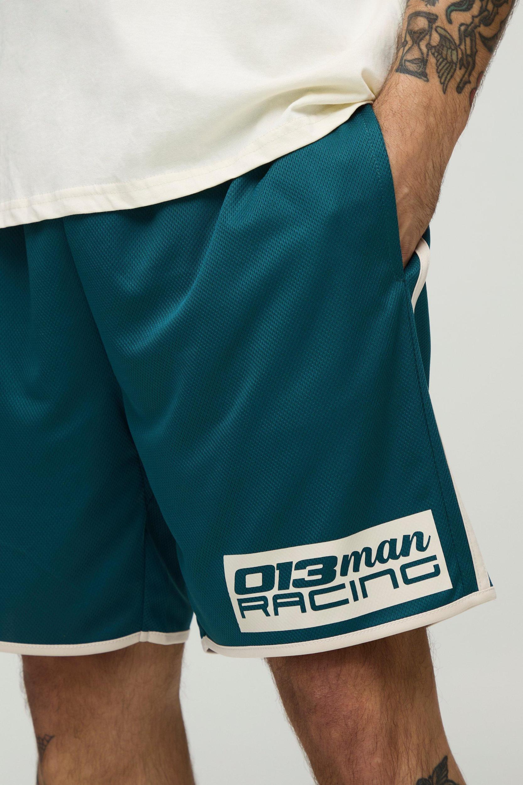 Oversized Man Racing Dropped Crotch Mesh Shorts | boohooMAN USA Product Image