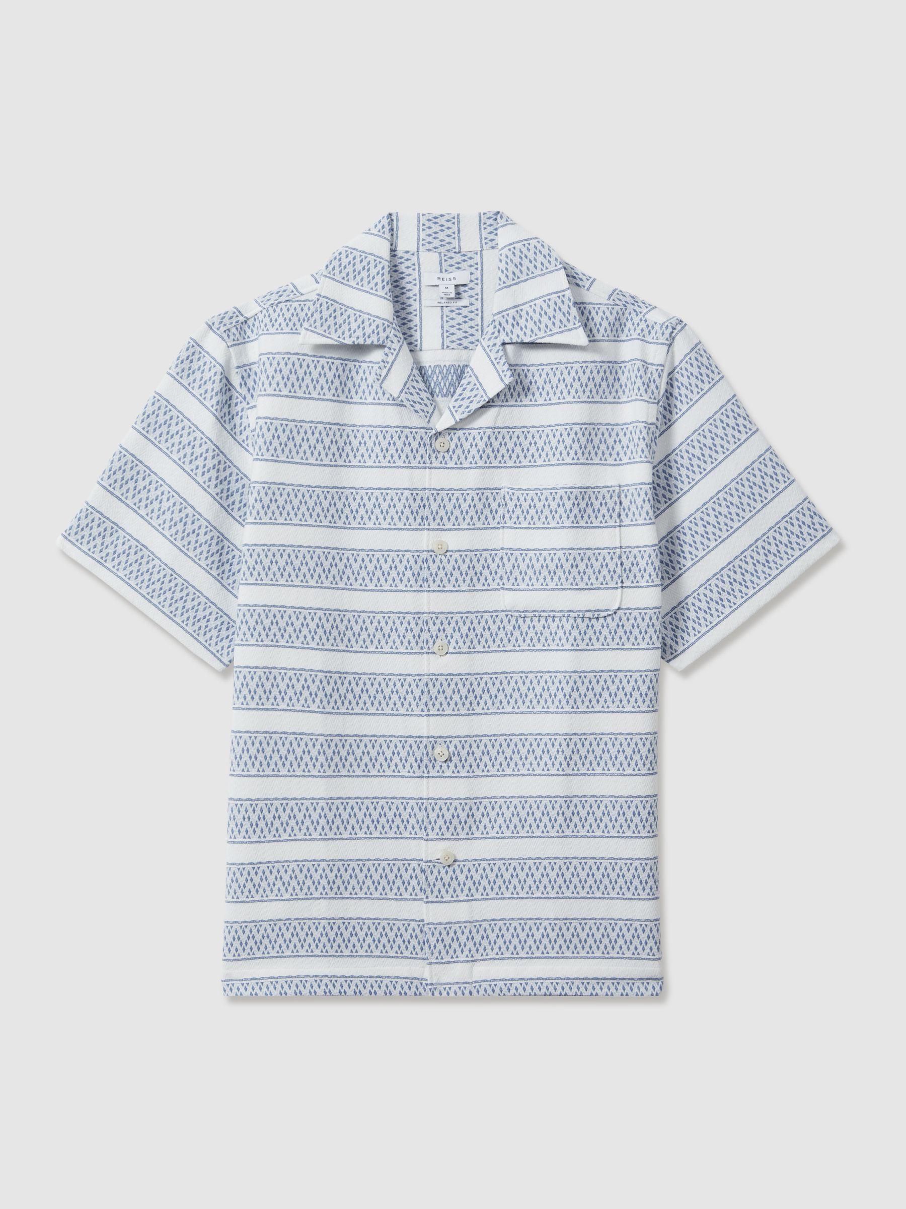 Herringbone Cuban Collar Shirt in White/Soft Blue Product Image