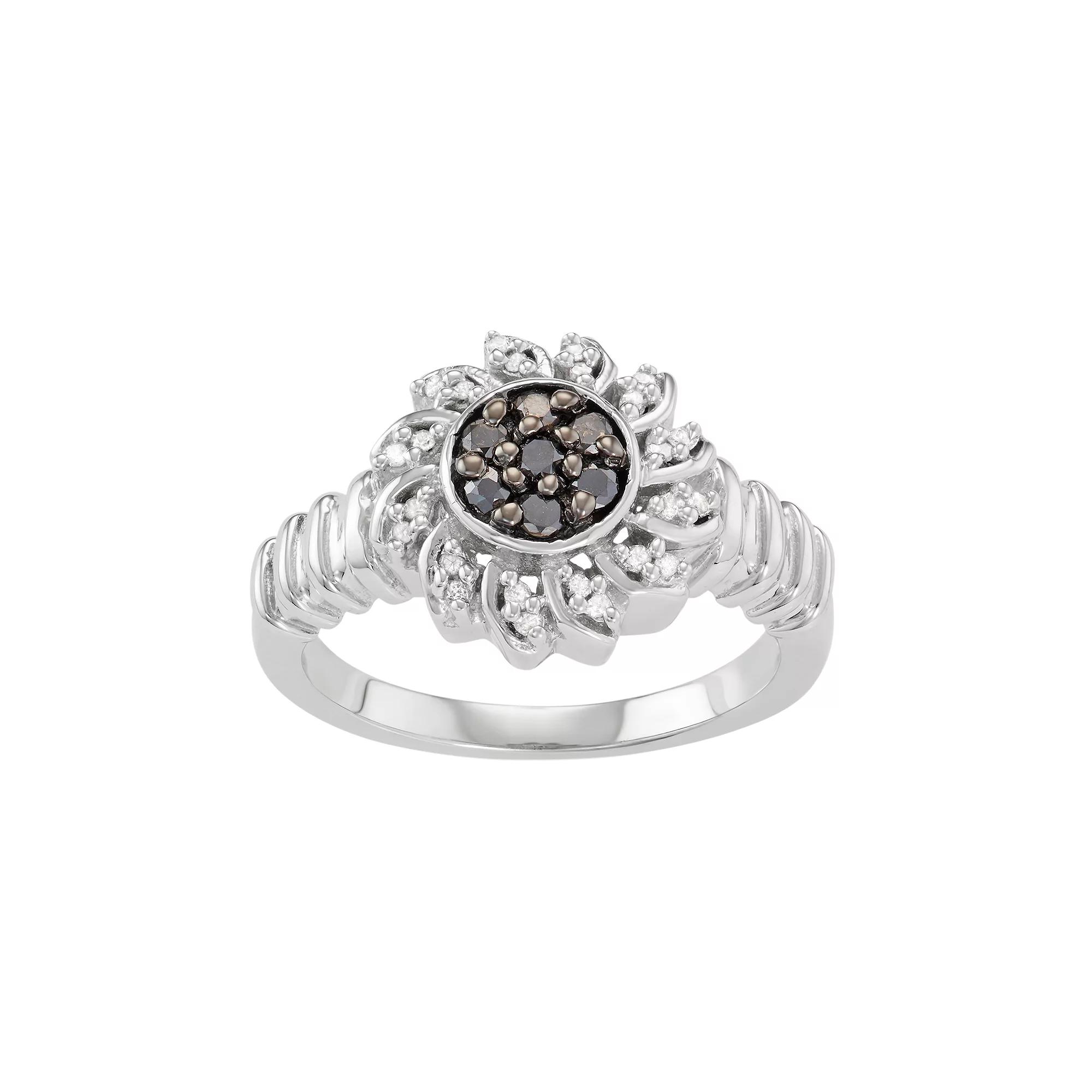 Jewelexcess Sterling Silver 1/4 Carat T.W. Black & White Diamond Flower Ring, Women's, Size: 7 Product Image