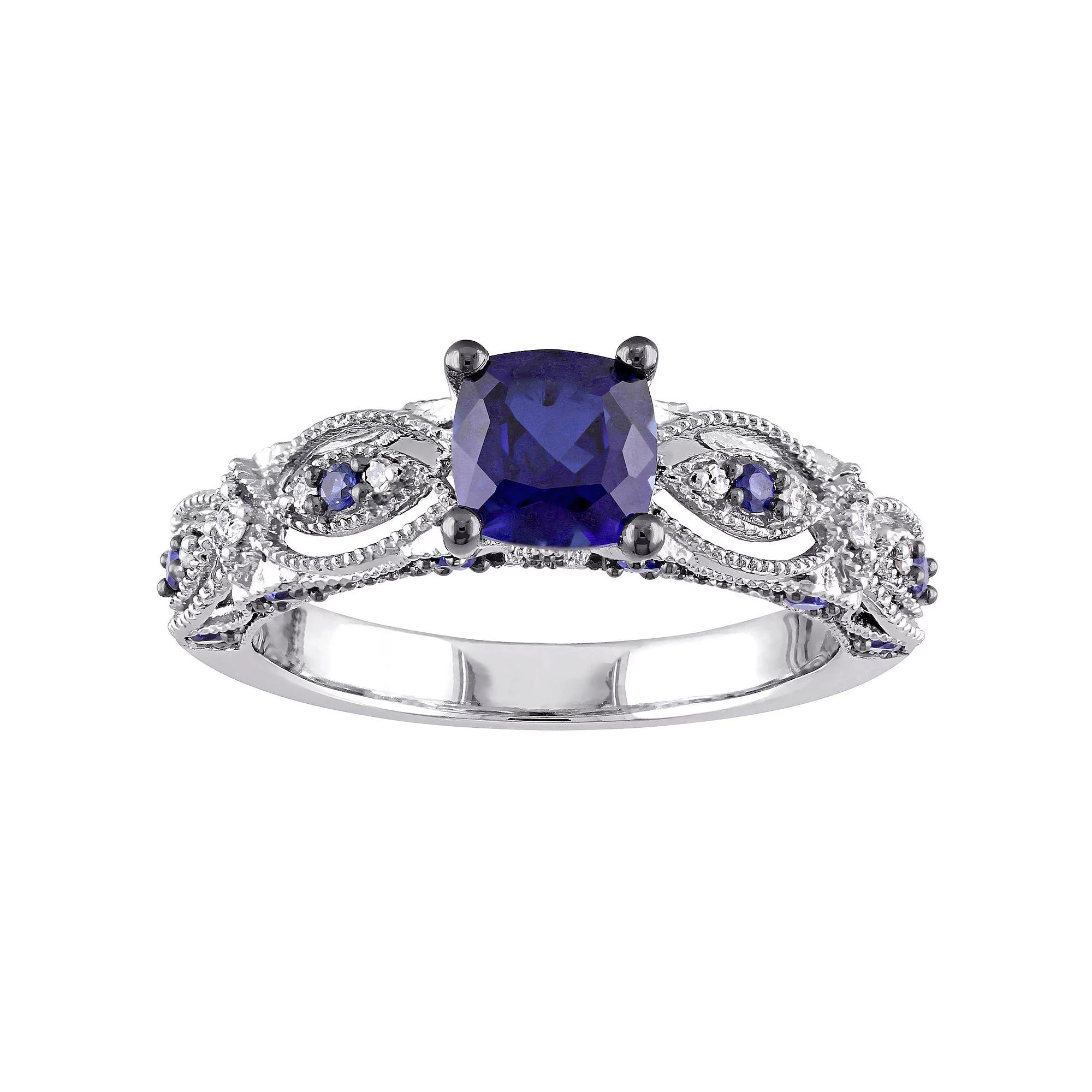 Stella Grace 10k White Gold Lab-Created Blue Sapphire & Diamond Accent Vintage Engagement Ring, Women's, Size: 7 Product Image