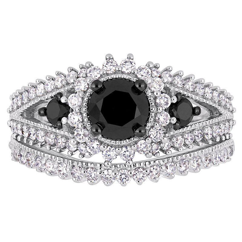 Stella Grace 10k White Gold 2 Carat T.W. Black & White Diamond Halo Engagement Ring Set, Women's,  Product Image
