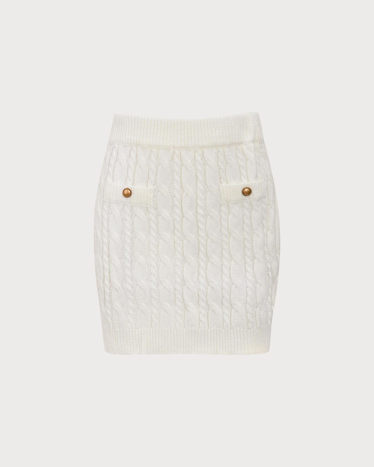 The White Elastic Waist Button Cable Mini Skirt Product Image