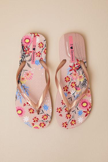 Verao Tropical Beige and Gold Floral Flip Flops Product Image