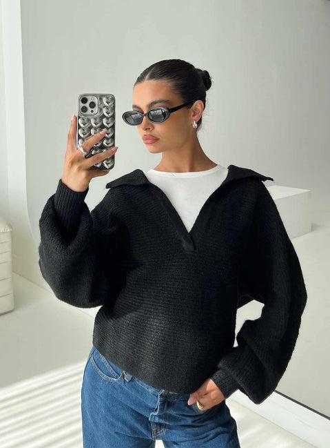 Bella Notched Neck Sweater Black Product Image