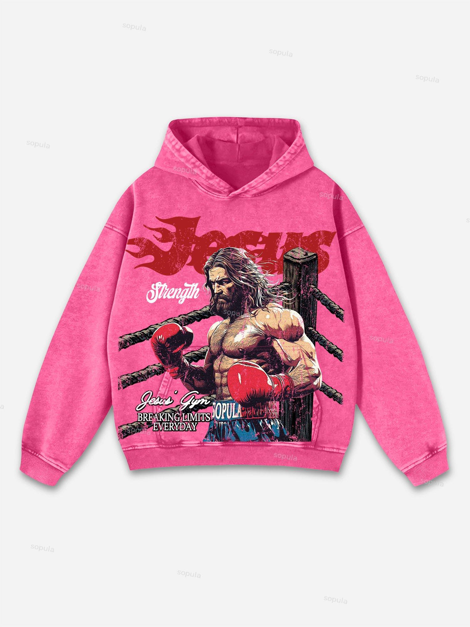Jesus' Gym Boxer Graphic Print Washed Hoodie Product Image