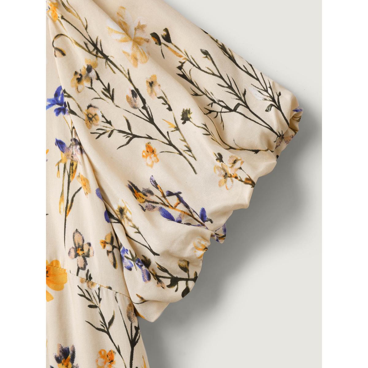 Plus Size Florals Everywhere Toothpick Pleat Midi Dress Champagne Women Timeless V-neck Short sleeve Curvy BloomChic 12/L Product Image