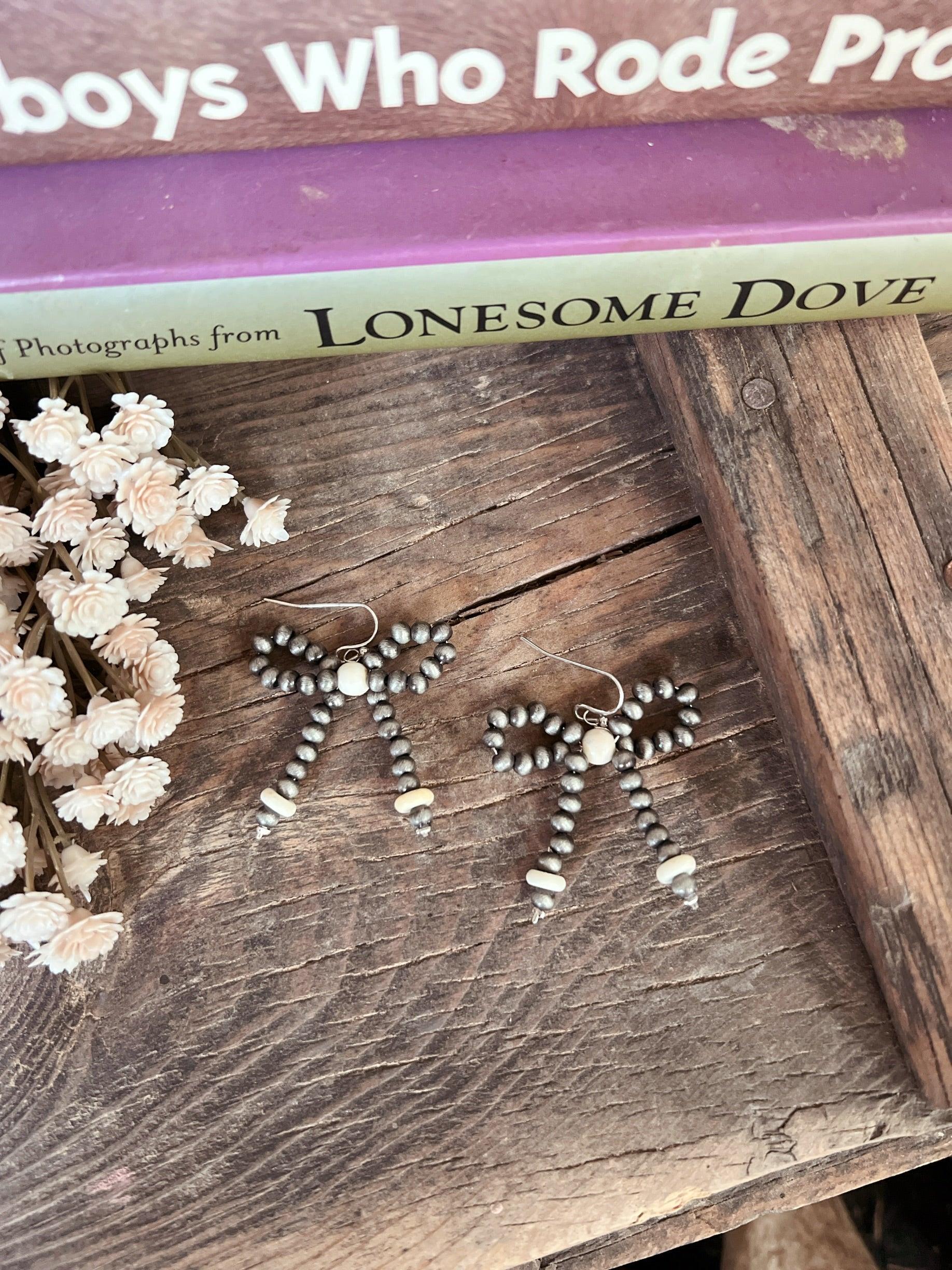 Silver Navajo Inspired Beaded Bow Dangle Earrings - White Product Image