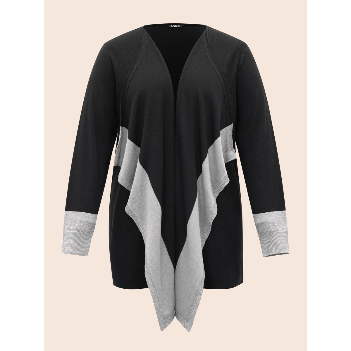 Plus Size Contrast Kimono Collar Asymmetrical Hem Cardigan Black Women Casual Loose Long Sleeve Everyday Cardigans BloomChic 30/6X Product Image