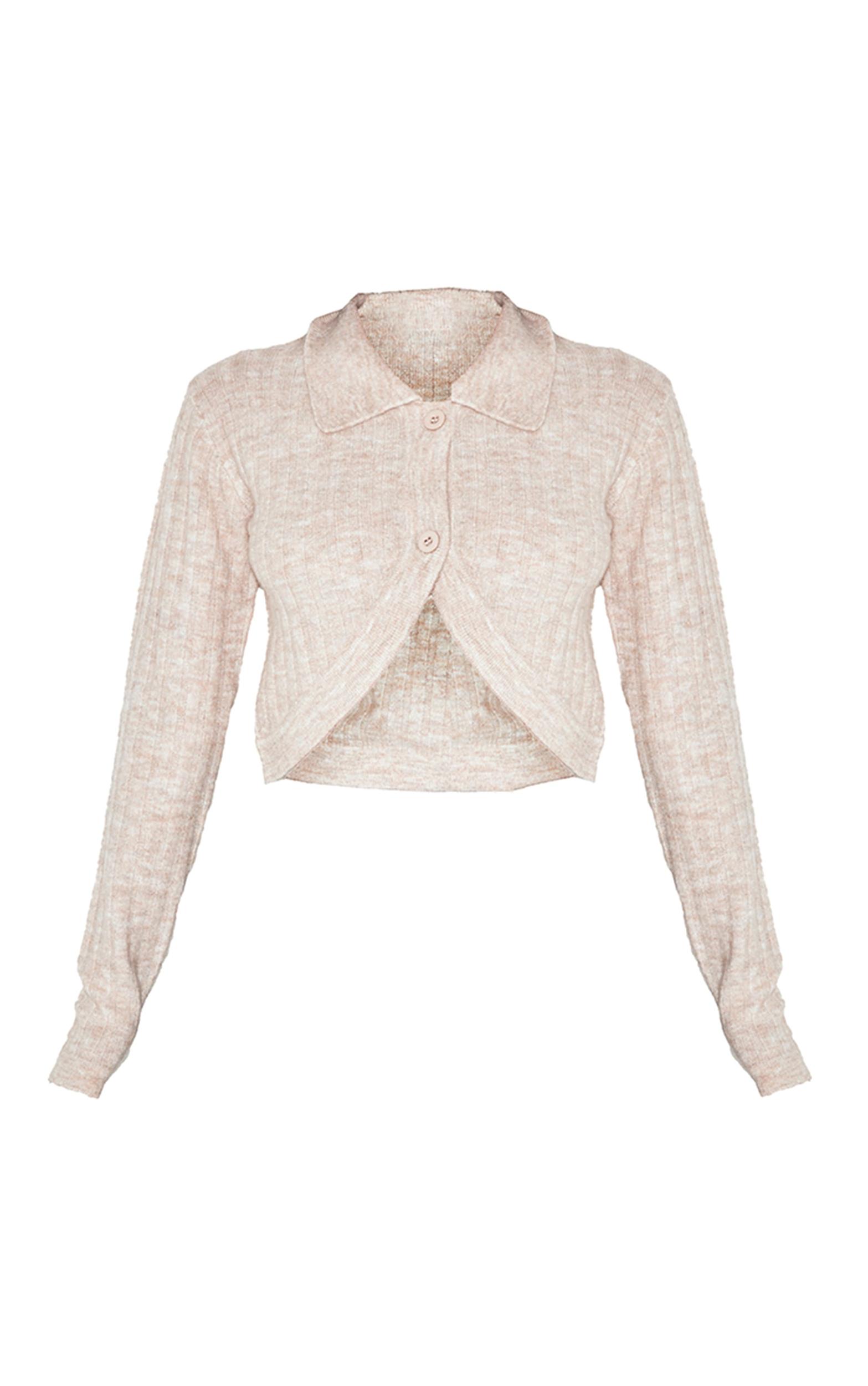 Oatmeal Marl Soft Rib Knit Crop Collar Detail Top Product Image