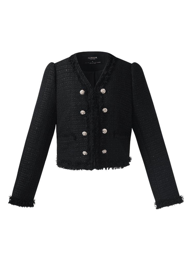 Tweed Fringe V-Neck Women Crop Jacket Product Image