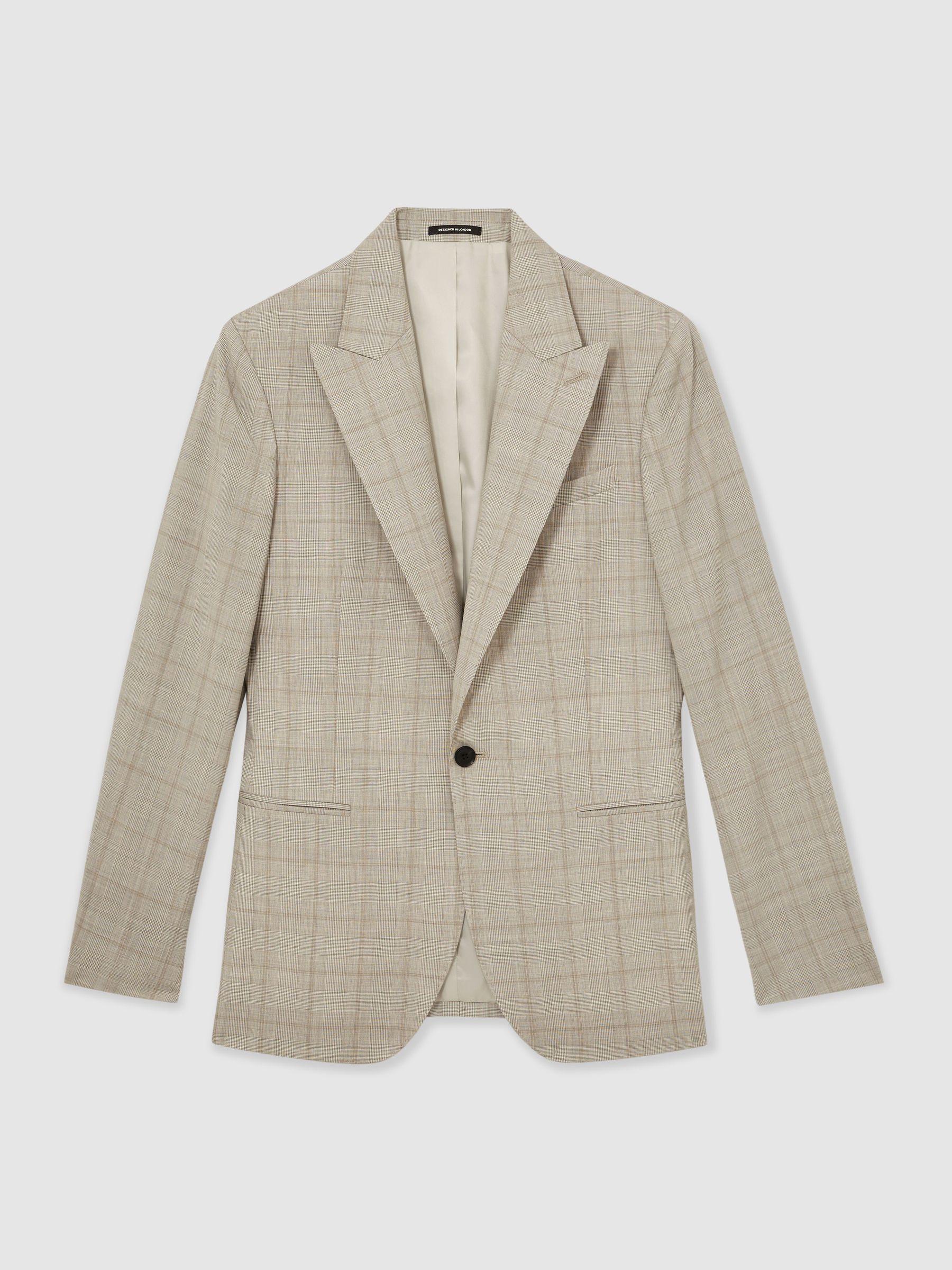 Slim-Fit Single-Breasted Wool Check Suit Blazer in Oatmeal Brown Product Image
