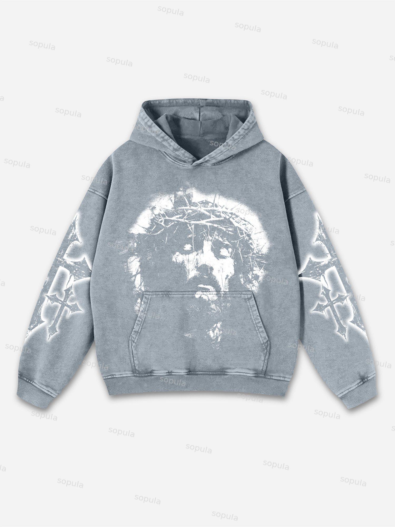 Vintage Jesus Print Graphic Acid Washed Oversized Hoodie Product Image