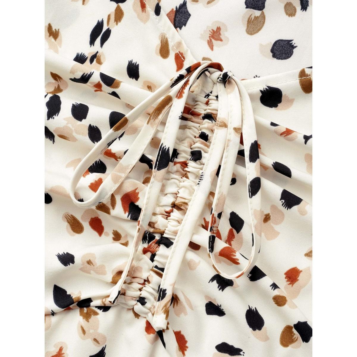 Plus Size Heart Neckline Allover Print Drawstring Dress Apricot Women Elegant Gathered Heart neckline Short sleeve Curvy BloomChic 14-16/1X Product Image