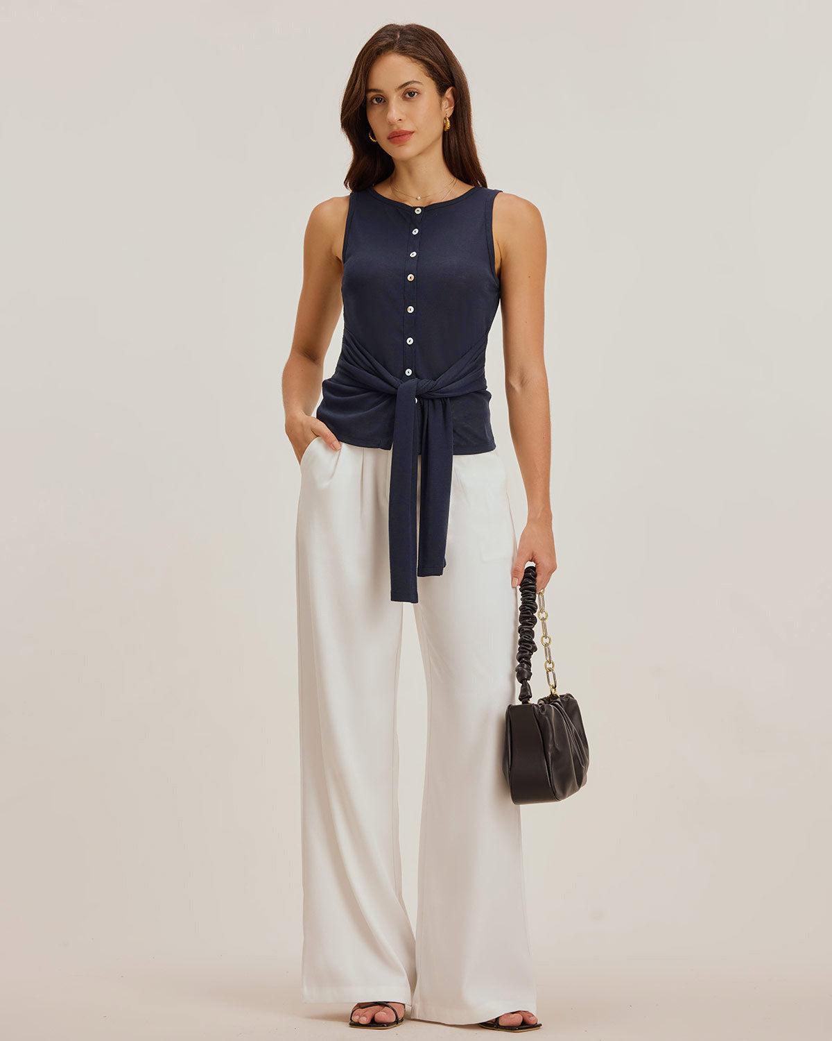 Blue Round Neck Button Tank Top Product Image