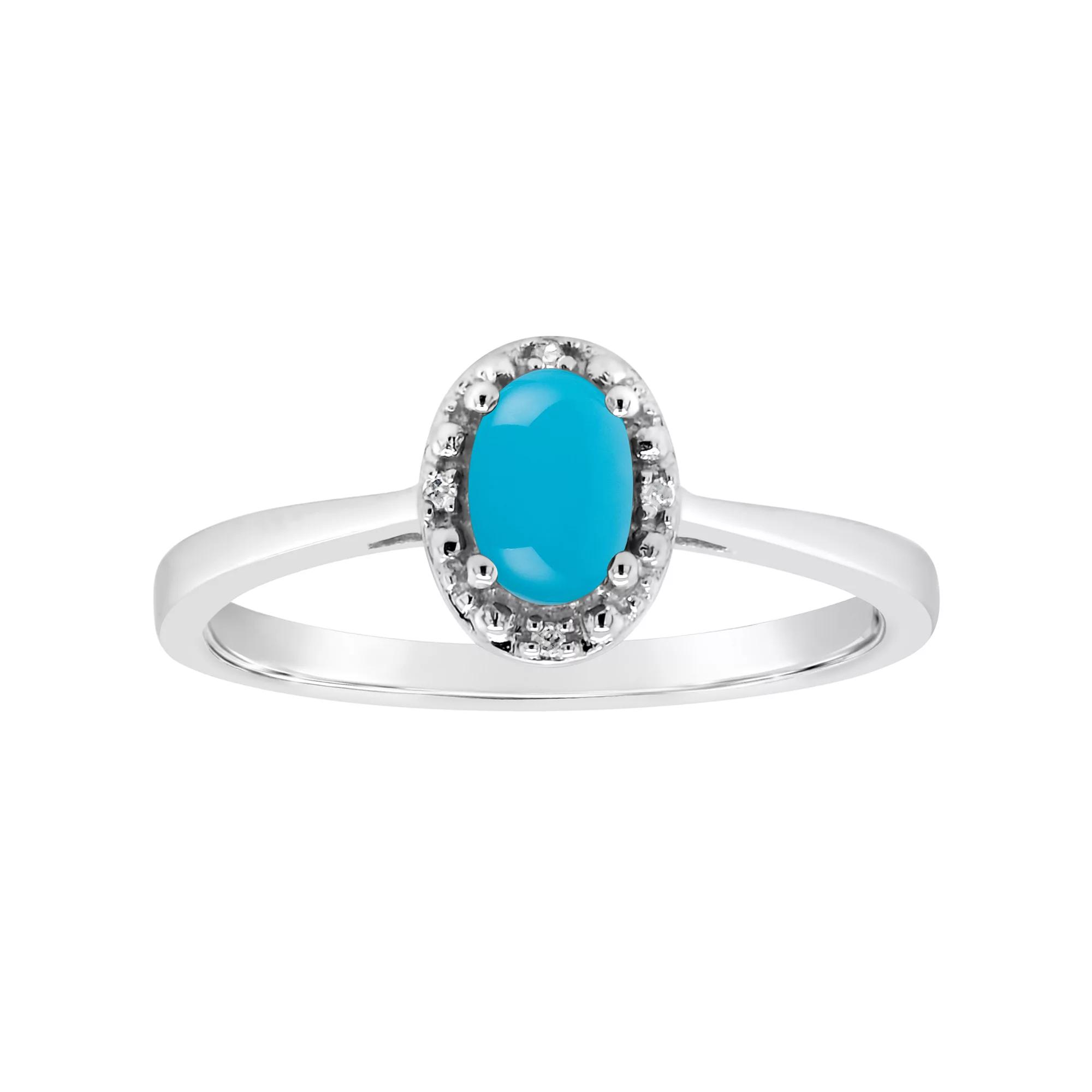 Celebration Gems Sterling Silver 6 mm x 4 mm Oval Stabilized Turquoise & Diamond Accent Halo Ring, Women's,  Product Image