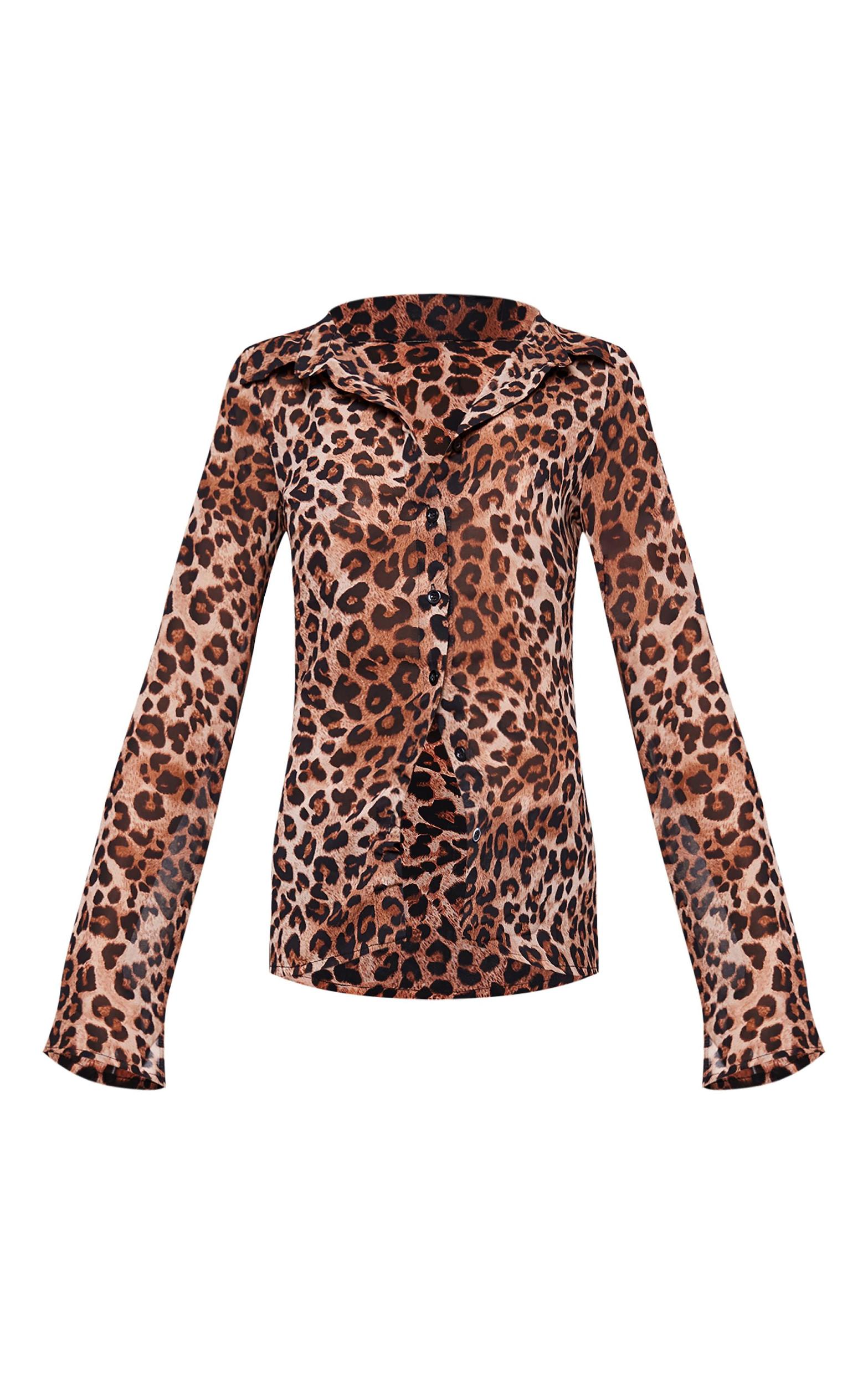Brown Leopard Print Chiffon Fitted Long Sleeve Shirt Product Image
