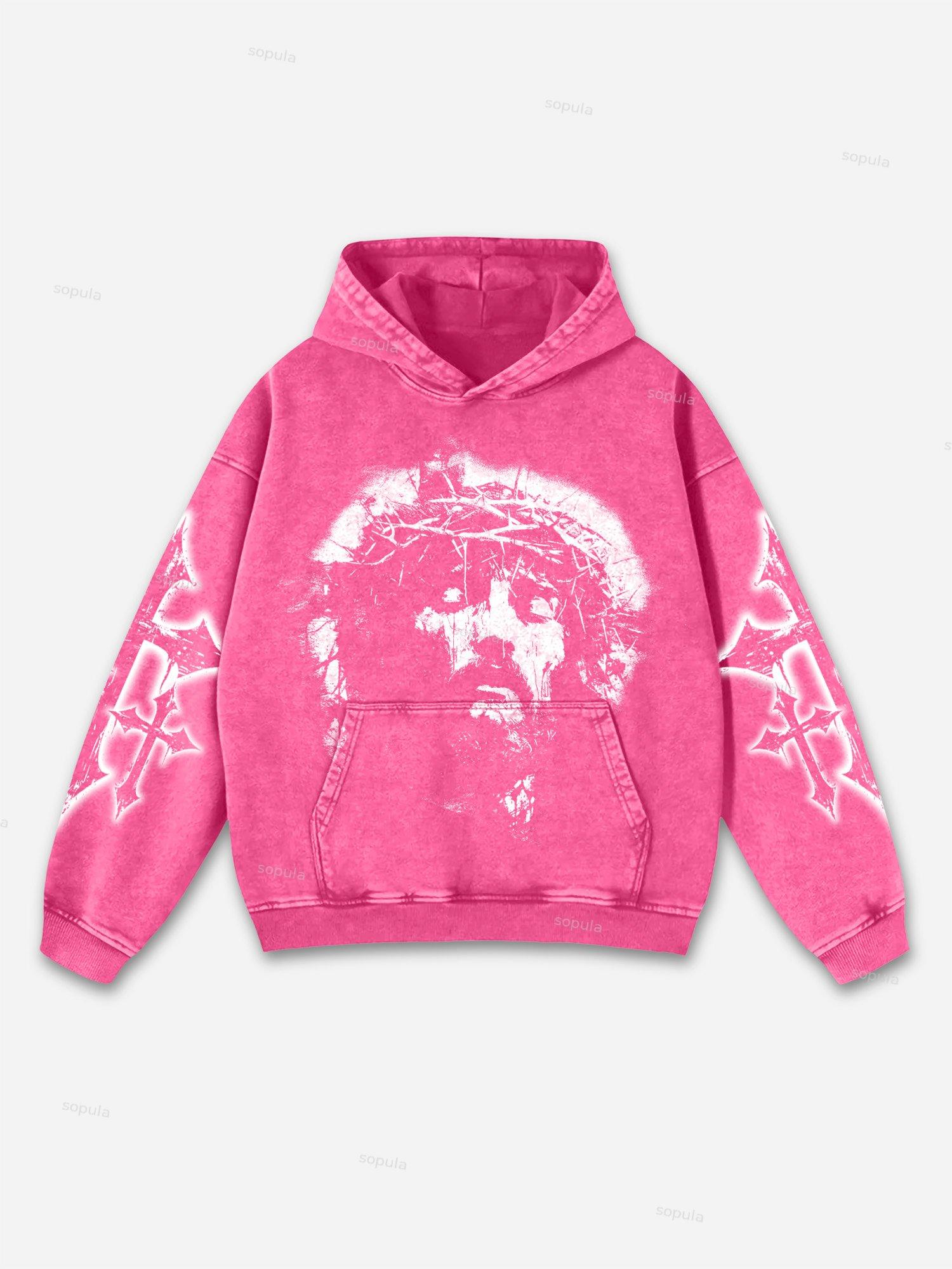 Vintage Jesus Print Graphic Acid Washed Oversized Hoodie Product Image