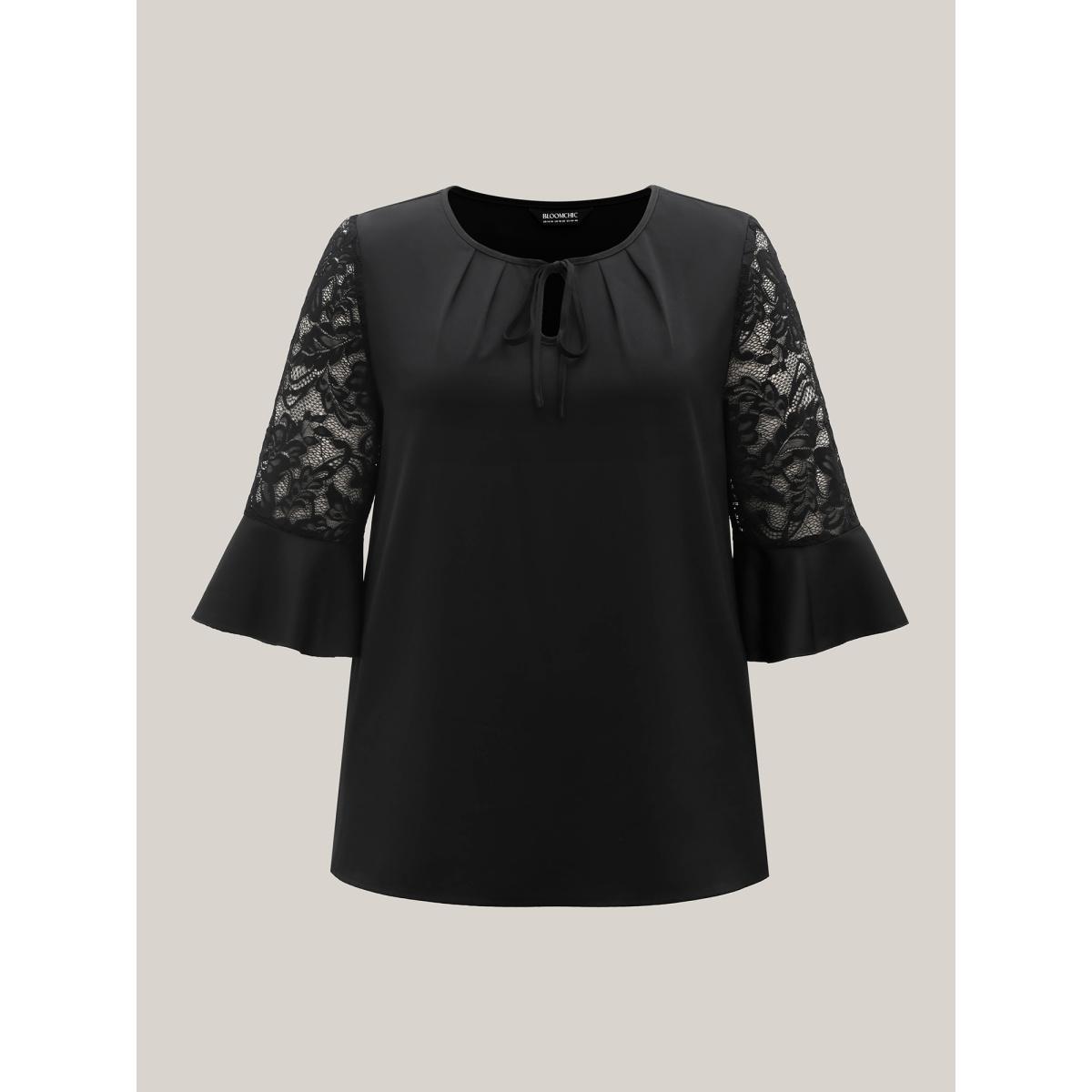 Plus Size Black Lace Sleeve Neck Tie Flared Blouse Women Elegant Elbow-length sleeve Round Neck Everyday Blouses BloomChic 18-20/2X Product Image