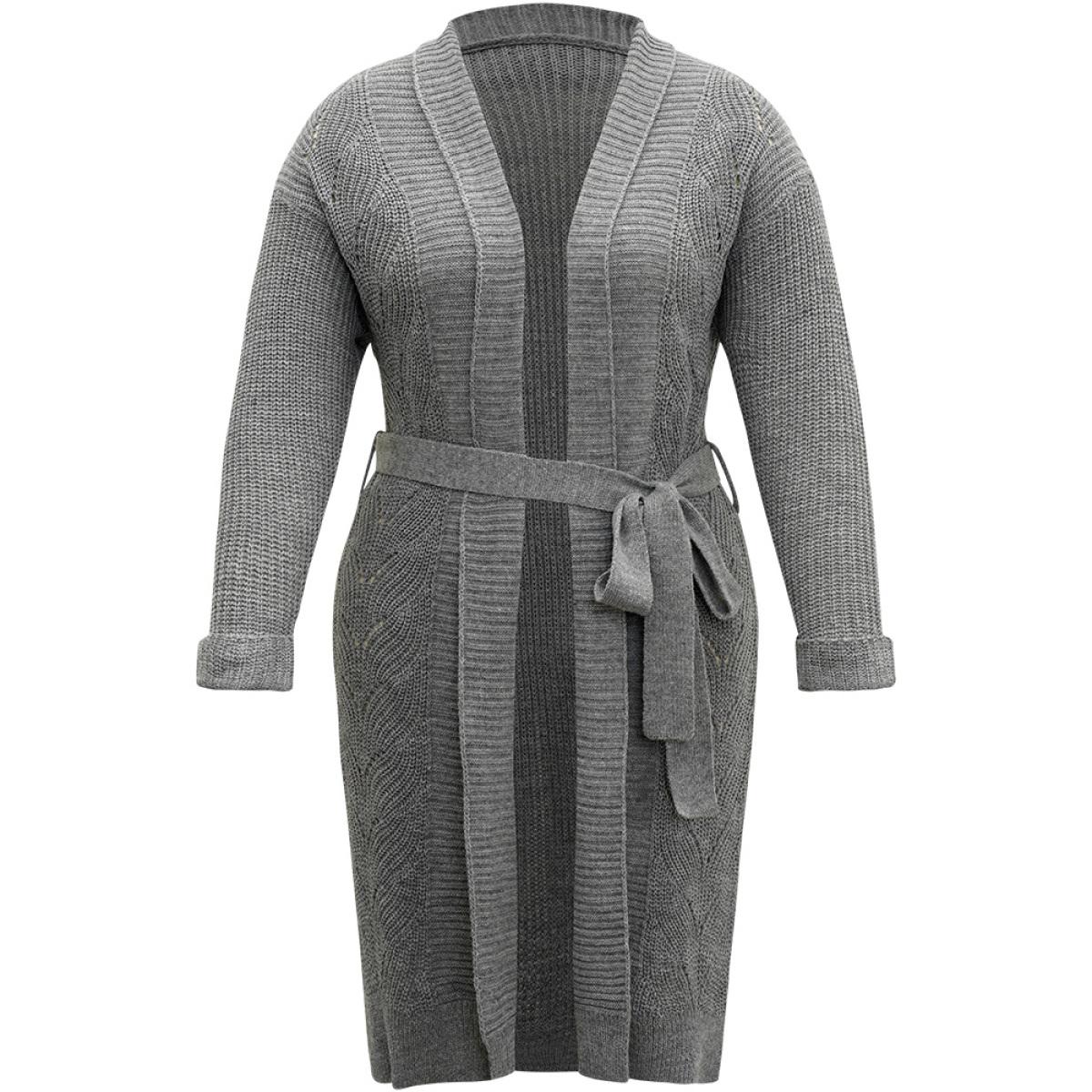 Plus Size Plain Split Hem Ties Texture Cardigan Gray Women Casual Loose Long Sleeve Dailywear Cardigans BloomChic 26/4X Product Image