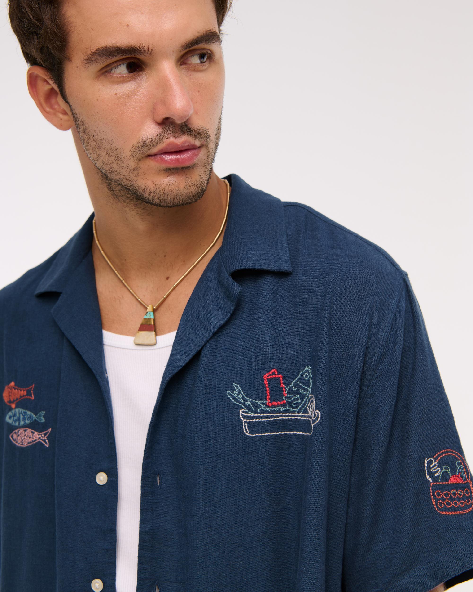 Camp Collar Cropped Summer Linen-Blend Shirt Product Image