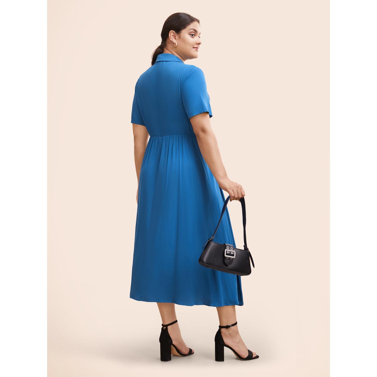 Plus Size Plain Shirt Collar Pleated Midi Dress Mediumblue Women At the Office Pleated Shirt collar Short sleeve Curvy BloomChic 10/M Product Image