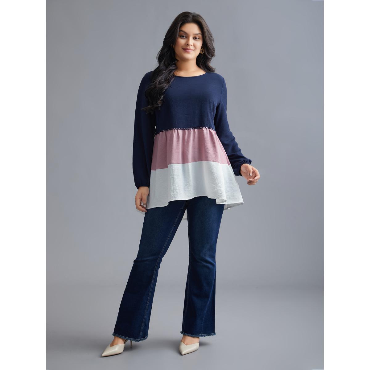 Plus Size Indigo Color Contrast High Low Hem Patchwork Blouse Women Elegant Extra Long Sleeve Round Neck Everyday Blouses BloomChic 12/L Product Image