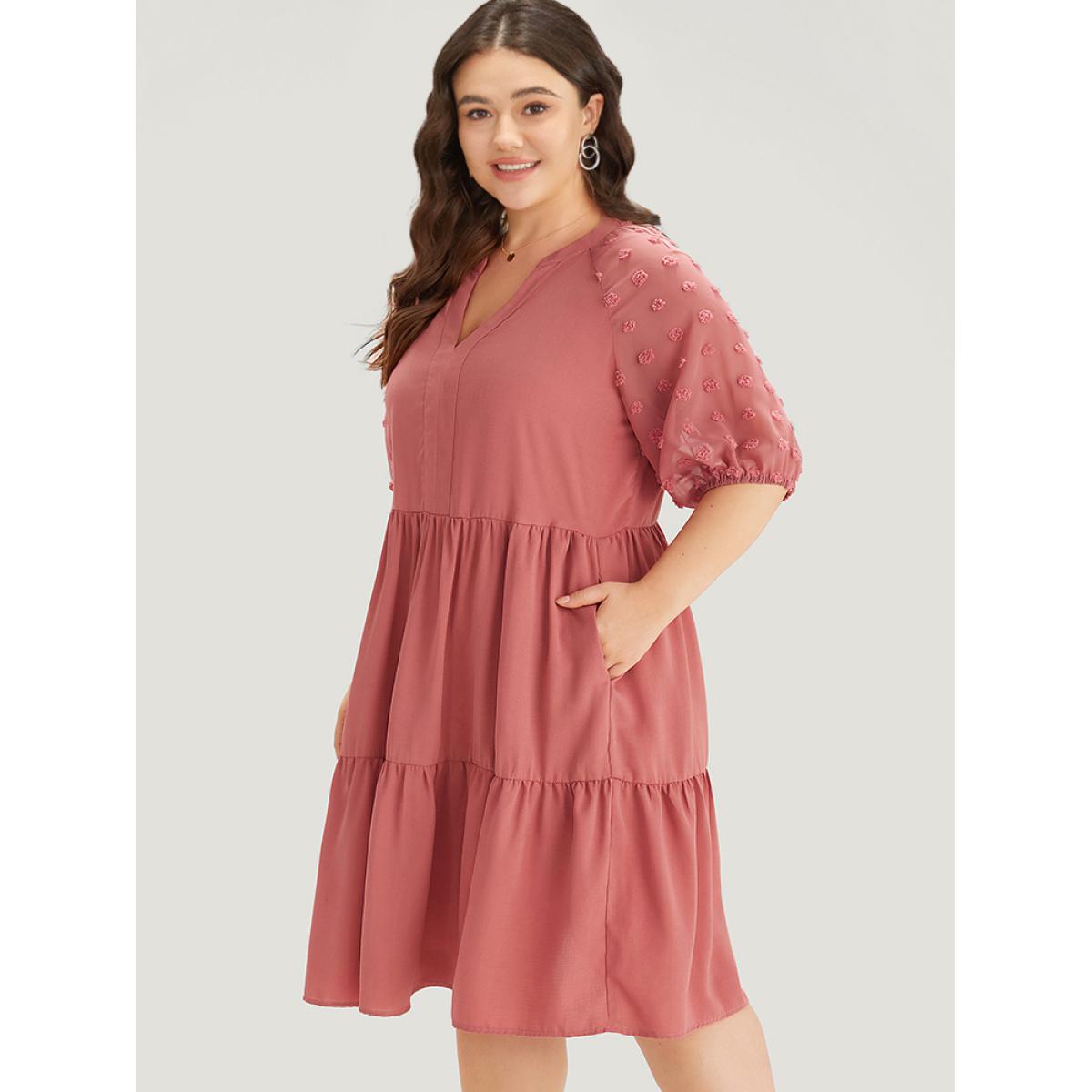 Plus Size Solid Notched Lantern Sleeve Ruffle Layered Hem Dress Watermelon Women Elegant Plain Notched collar Half Sleeve Curvy Knee Dress BloomChic 22-24/3X Product Image