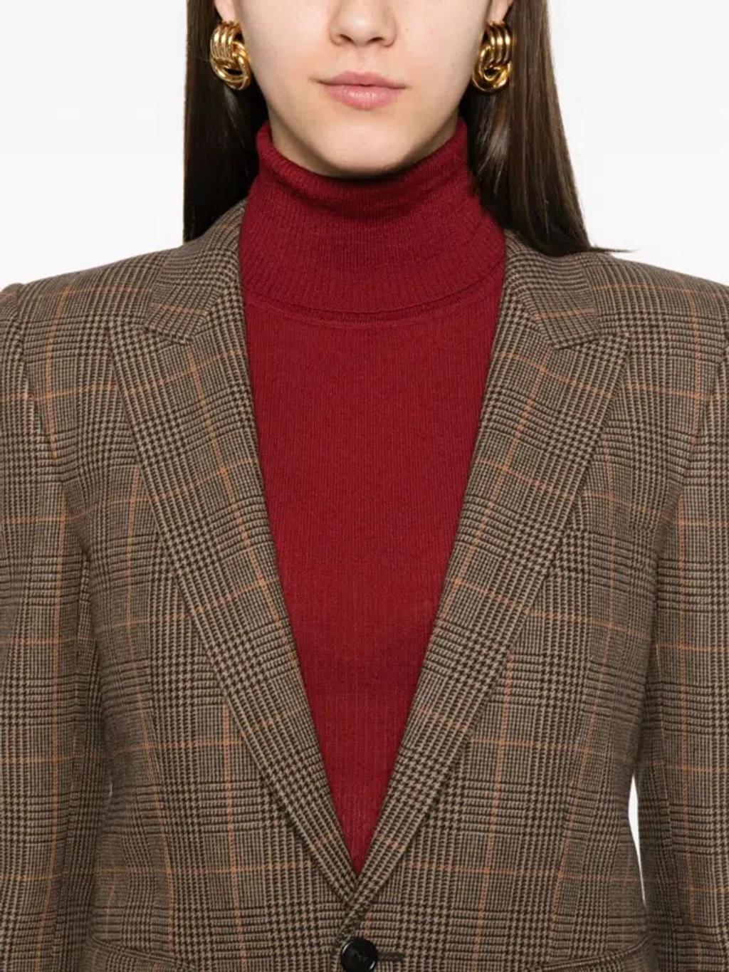 SAINT LAURENT Single-breasted Slim Houndstooth Plaid Blazer In Brown Product Image