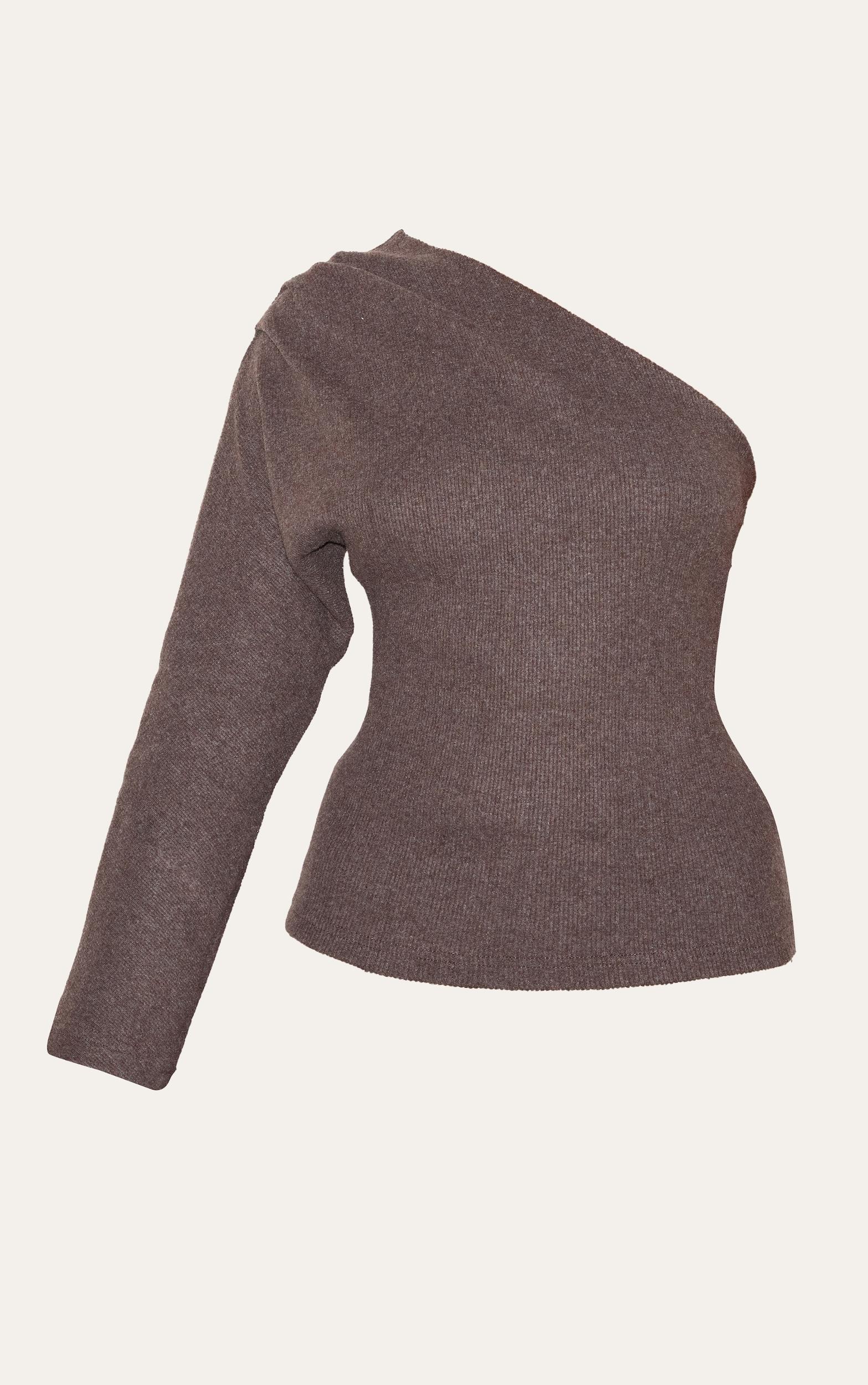 Chocolate Brushed Rib Asymmetric Shoulder Long Top Product Image