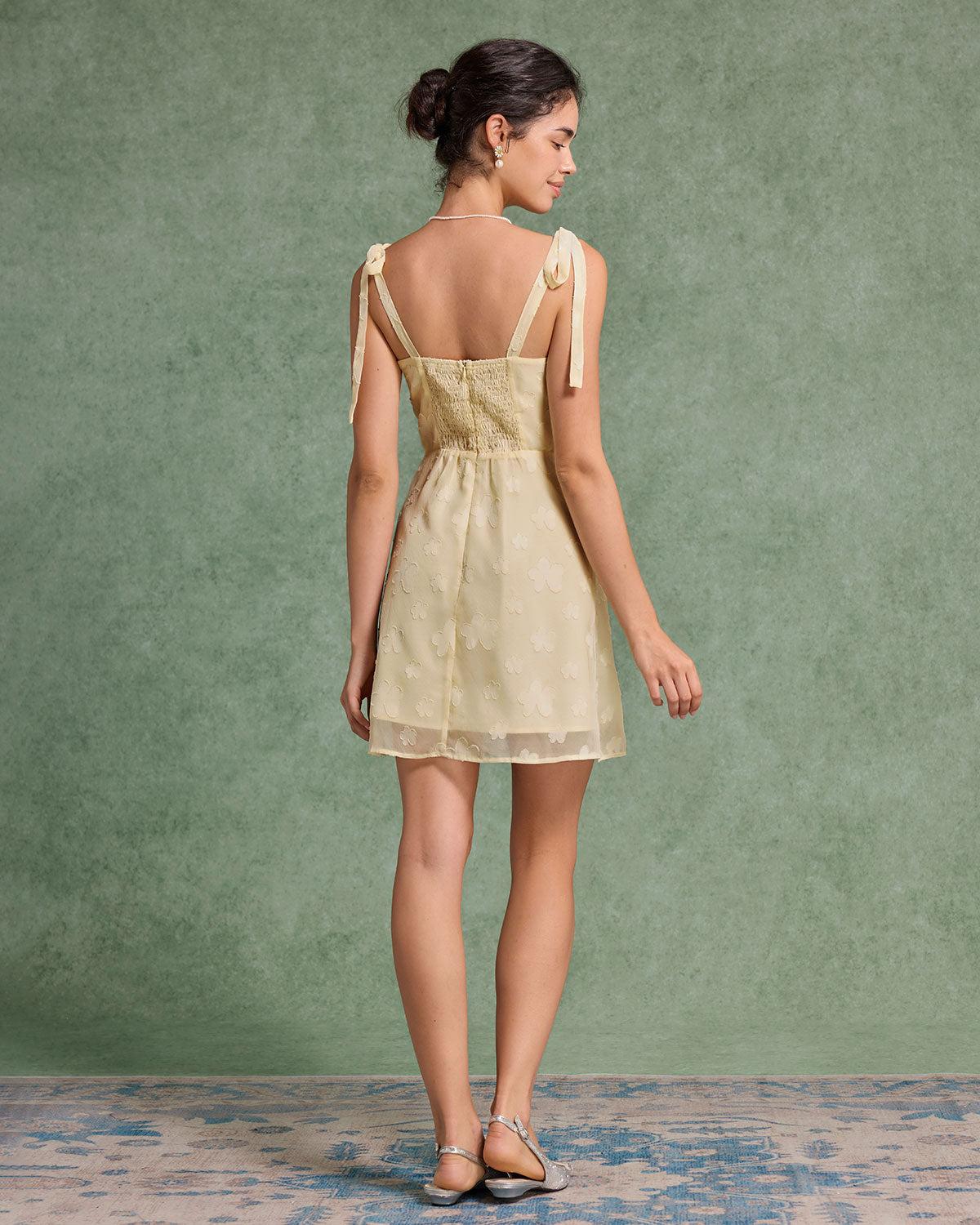 Yellow Jacquard Tie Strap Mini Dress Product Image