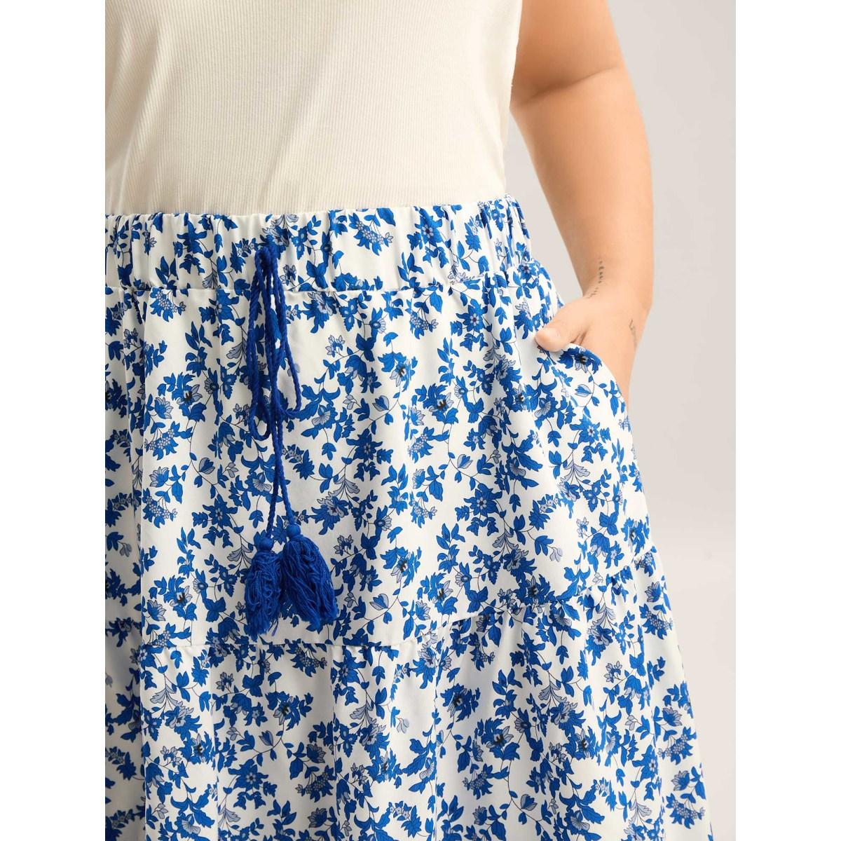 Plus Size Floral Boho Print Waist-Tie Maxi Skirt Women LightBlue Loose No stretch Side seam pocket Vacation Skirts BloomChic 18-20/2X Product Image