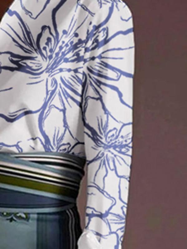 Flared Sleeves Long Sleeves Printed Split-Joint Lapel Blouses&Shirts Tops Product Image