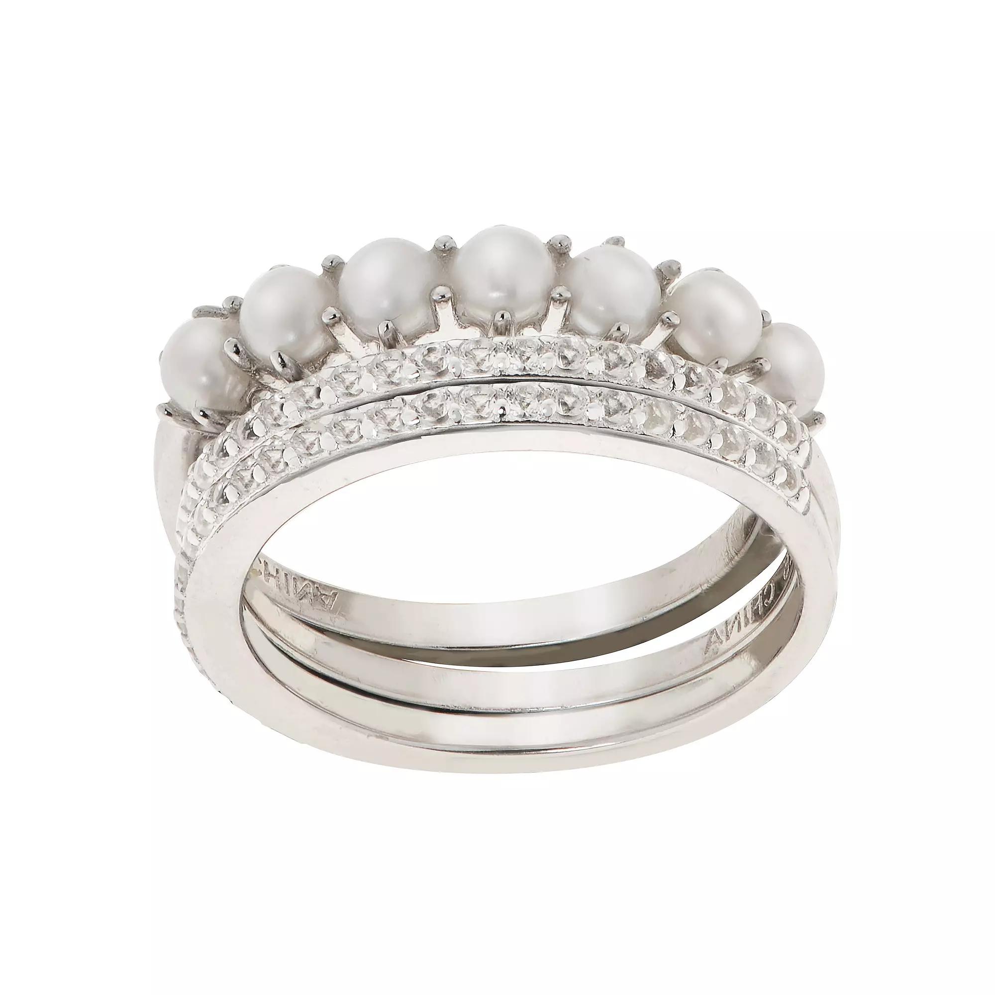 PearLustre by Imperial Freshwater Cultured Pearl & White Topaz Stackable Ring Set, Womens Sterling Silver Product Image
