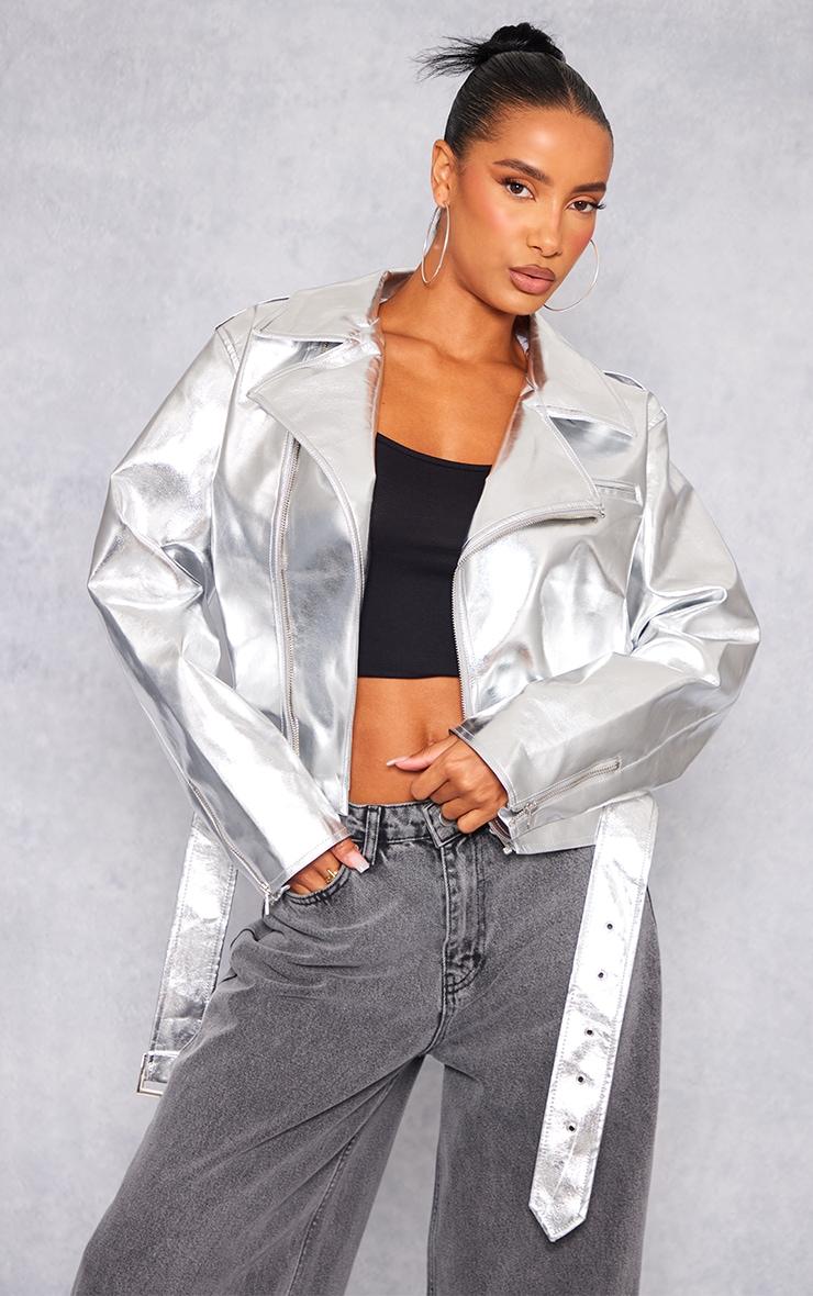 Silver Metallic Biker Jacket Product Image